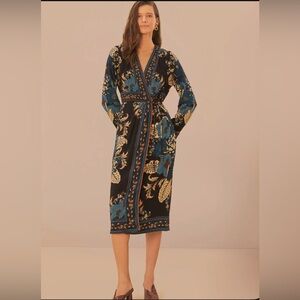 Farm Rio Black Blossom Tapestry Lenzing Ecovero Viscose Midi Wrap Dress size M